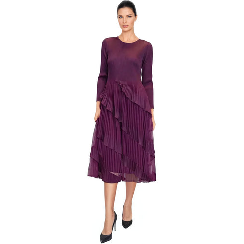Long Sleeve Multi Layer Crinkle Dress -  DR879 Merlot
